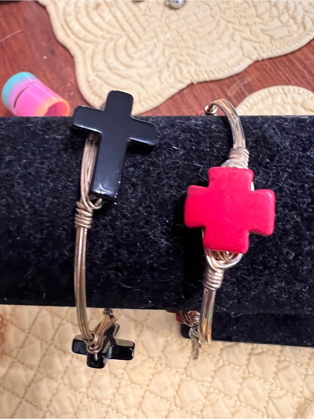 Bourbon and Bowties Red and Black Cross Wire Wrapped Bracelets